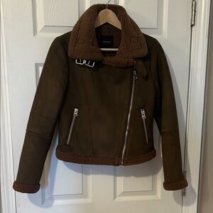 Zara Dark Brown Faux-Suede Shearling Moto Jacket